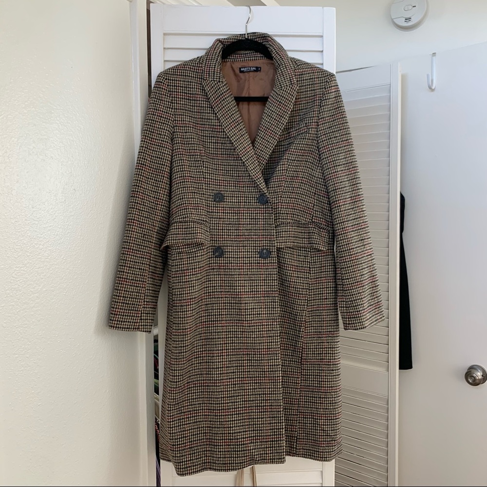 Nasty Gal Khaki Houndstooth Longline Winter Coat